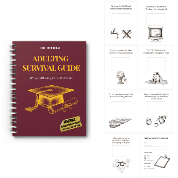 Adulting Survival Guide with its funny fill-in pages — Wi-Fi bill, taxes, emergency fund and more
