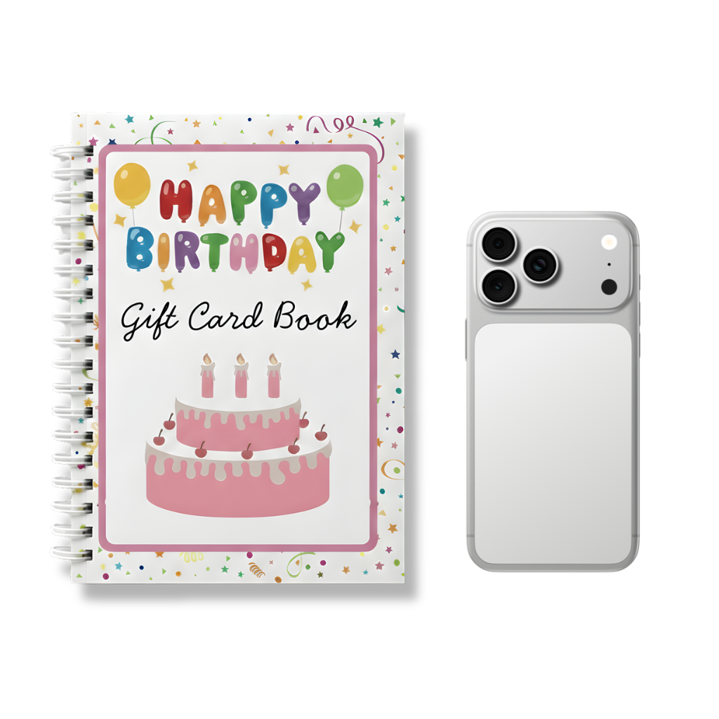 Happy Birthday Gift Card Book size comparison next to a smartphone