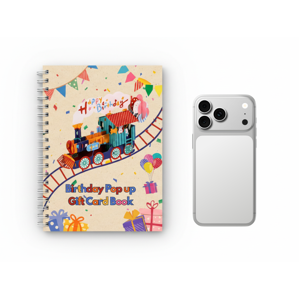 Birthday Pop-up Gift Card Book size comparison next to a smartphone