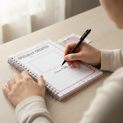 Writing a love note on the Specially Created dedication page of the birthday gift card book