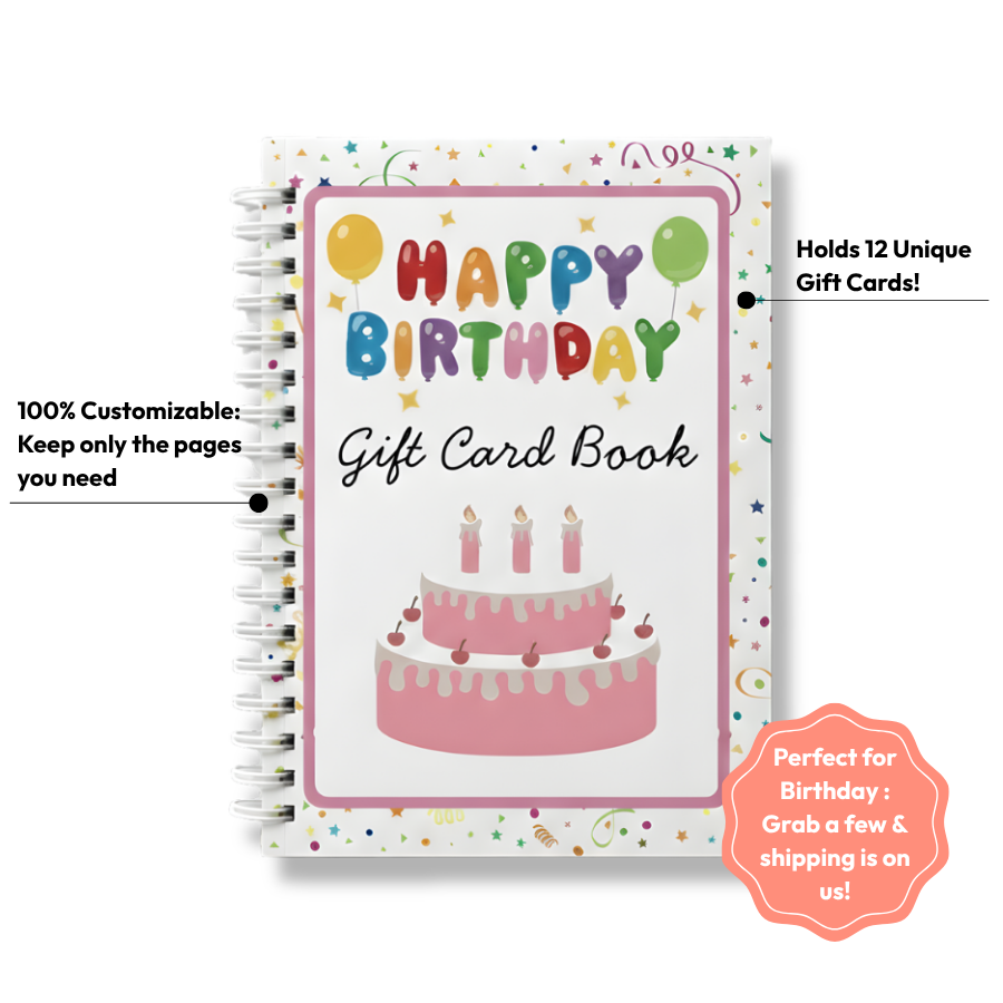 Happy Birthday Gift Card Book cover with pink cake, balloons and confetti — spiral-bound, holds 12 gift cards