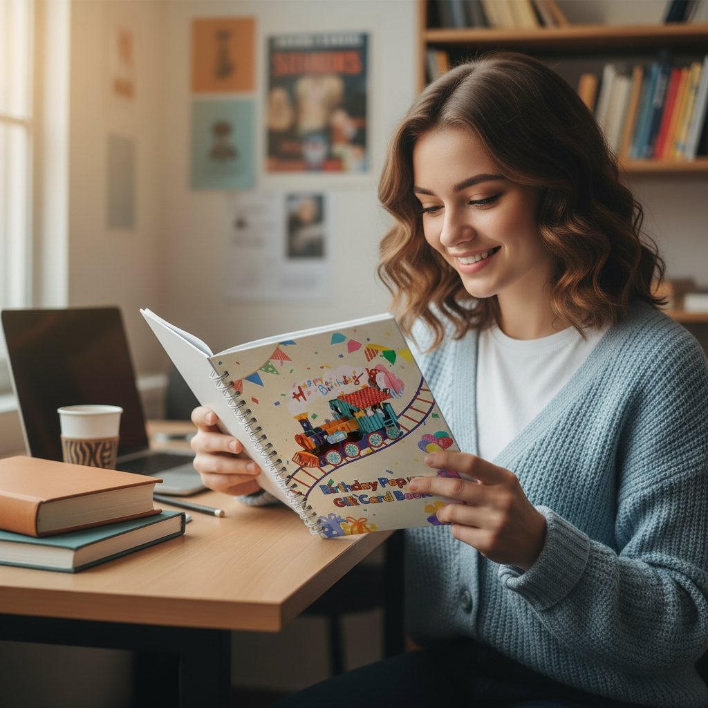 Woman smiling while reading the Birthday Pop-up Gift Card Book at her desk