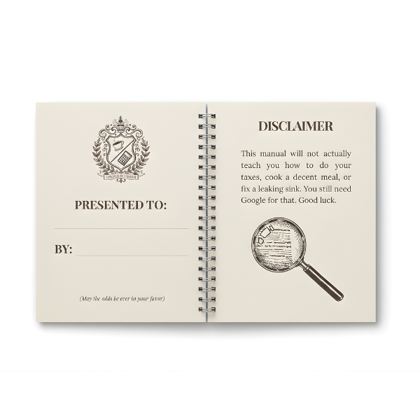 'Presented to' dedication page and funny disclaimer inside the Adulting Survival Guide