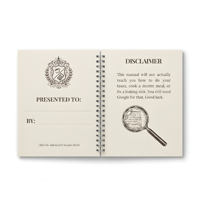 'Presented to' dedication page and funny disclaimer inside the Adulting Survival Guide