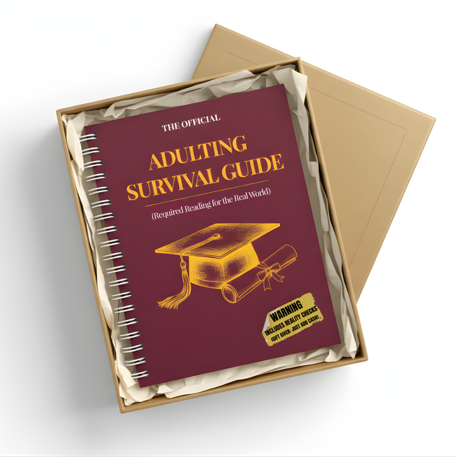 Adulting Survival Guide graduation gift book in a kraft gift box