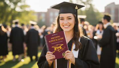 Female graduate in cap and gown holding the Adulting Survival Guide gift book