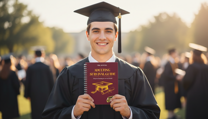 Male graduate smiling with the Adulting Survival Guide at his graduation ceremony