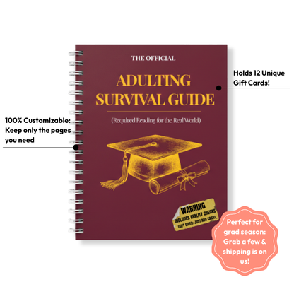 The Official Adulting Survival Guide gift card book — maroon cover with gold grad cap, holds 12 gift cards