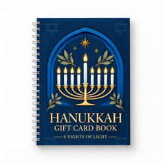 A spiral-bound Hanukkah gift card book with a dark blue cover featuring a gold menorah, white candles, stars, and the text 'HANUKKAH GIFT CARD BOOK' and '8 NIGHTS OF LIGHT'.