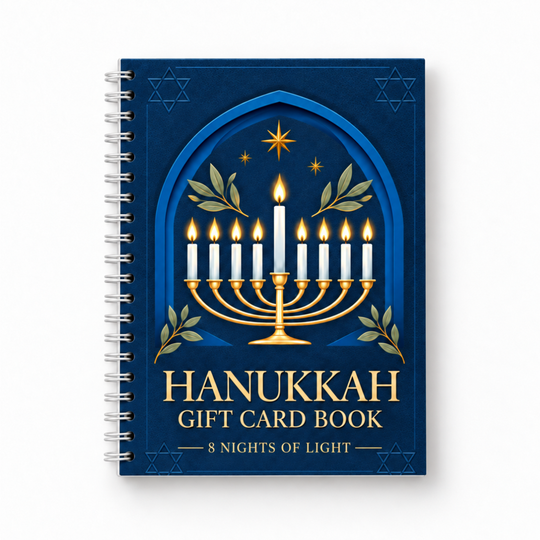 A spiral-bound Hanukkah gift card book with a dark blue cover featuring a gold menorah, white candles, stars, and the text 'HANUKKAH GIFT CARD BOOK' and '8 NIGHTS OF LIGHT'.