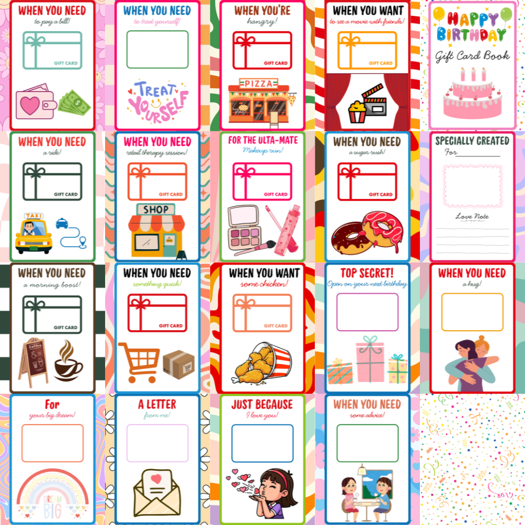 All 20 fill-in pages of the birthday gift card book — treat yourself, pizza night, movie money and more