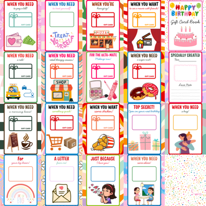 All 20 fill-in pages of the birthday gift card book — treat yourself, pizza night, movie money and more
