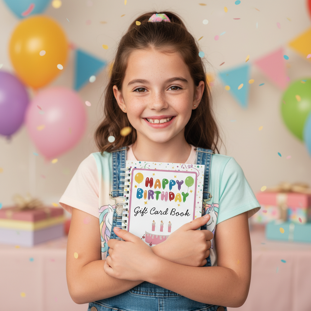Girl hugging her Happy Birthday Gift Card Book at a birthday party