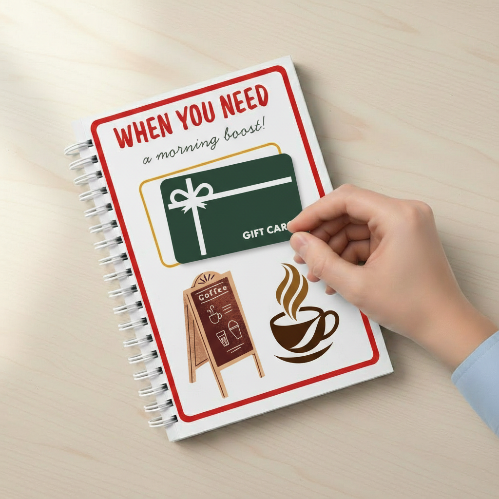 'When you need a morning boost' page holding a coffee gift card