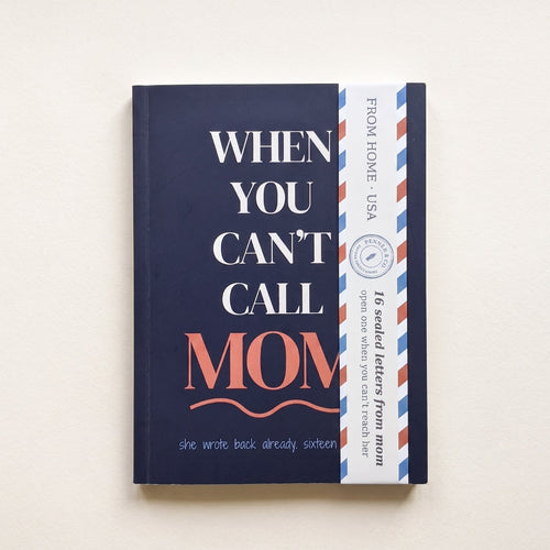 When You Can't Call Mom book — navy cover with airmail band, 16 sealed letters from mom
